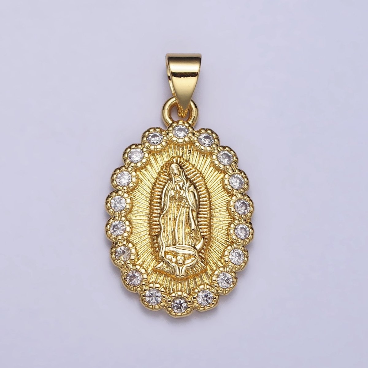 Gold, Silver Mother Mary Lady Guadalupe Lined Clear Round CZ Oval Pendant | AA393 AA406 - DLUXCA