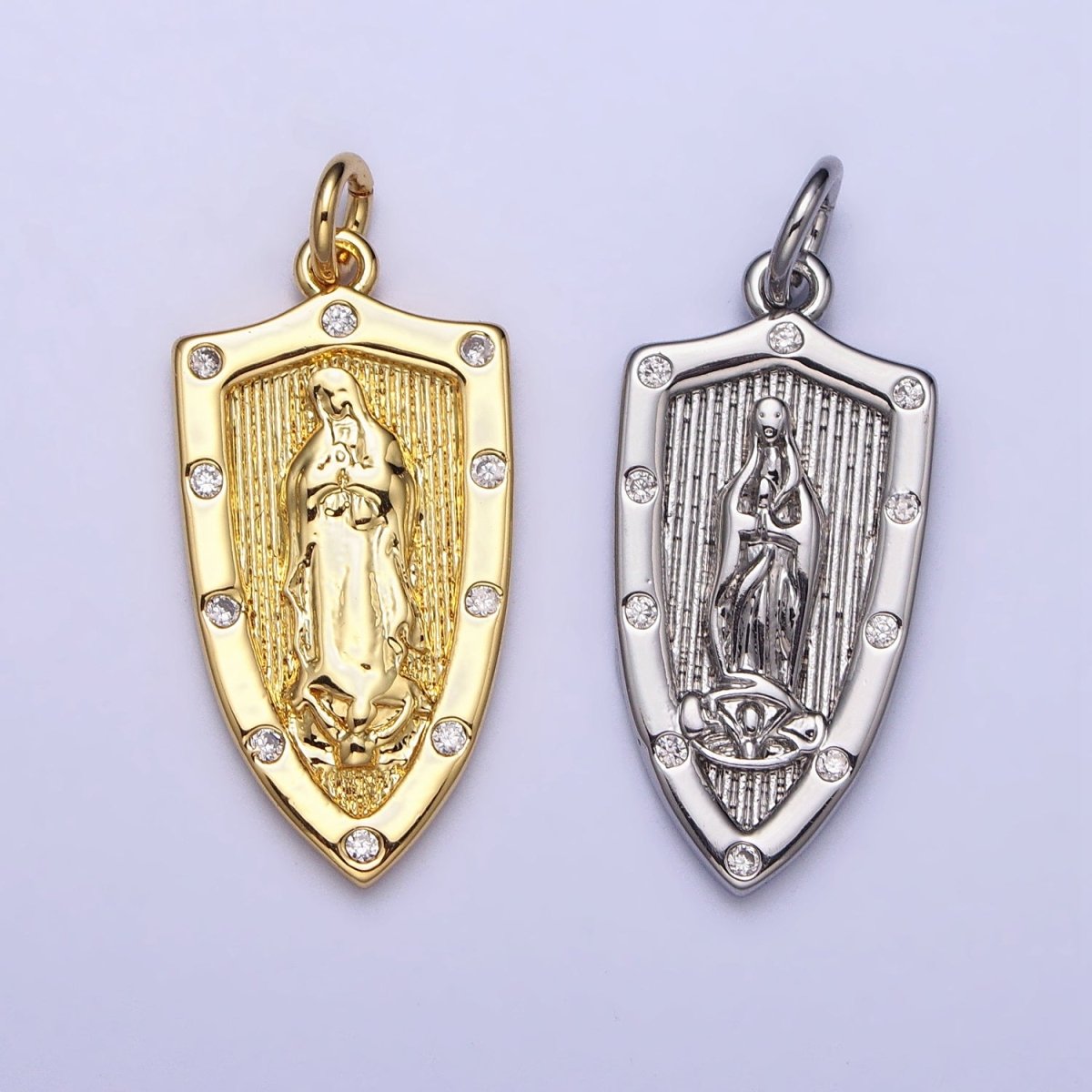 Gold, Silver Mother Mary Lady Guadalupe Lined CZ Dotted Shield Charm | AC975 AC1010 - DLUXCA
