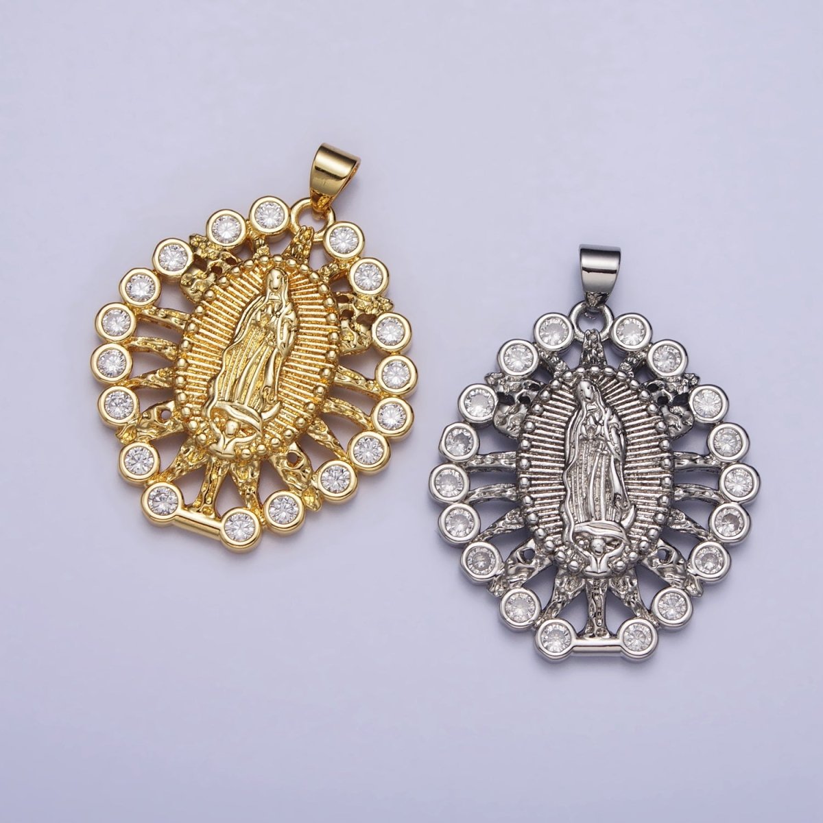 Gold, Silver Mother Mary Lady Guadalupe Lined Molten Clear Round CZ Pendant | AA403 AA404 - DLUXCA