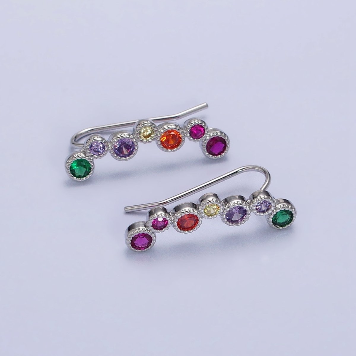 Gold, Silver Multicolor Round Bezel CZ Lined Ear Climber Earrings | AB596 AB597 - DLUXCA
