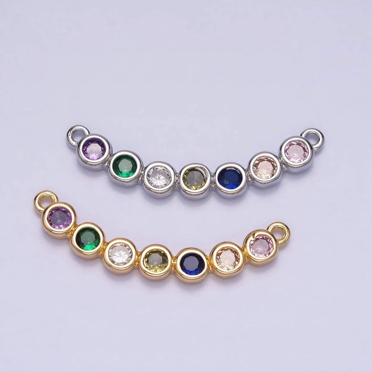 Gold, Silver Multicolor Round CZ Bezel Lined Curved Connector 
