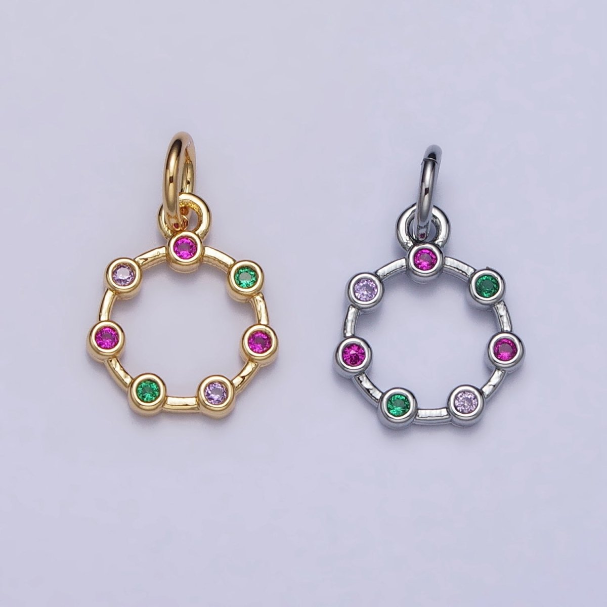 Gold, Silver Multicolor Round CZ Octagonal Open Ferris Wheel Charm | AC1001 AC1002 - DLUXCA