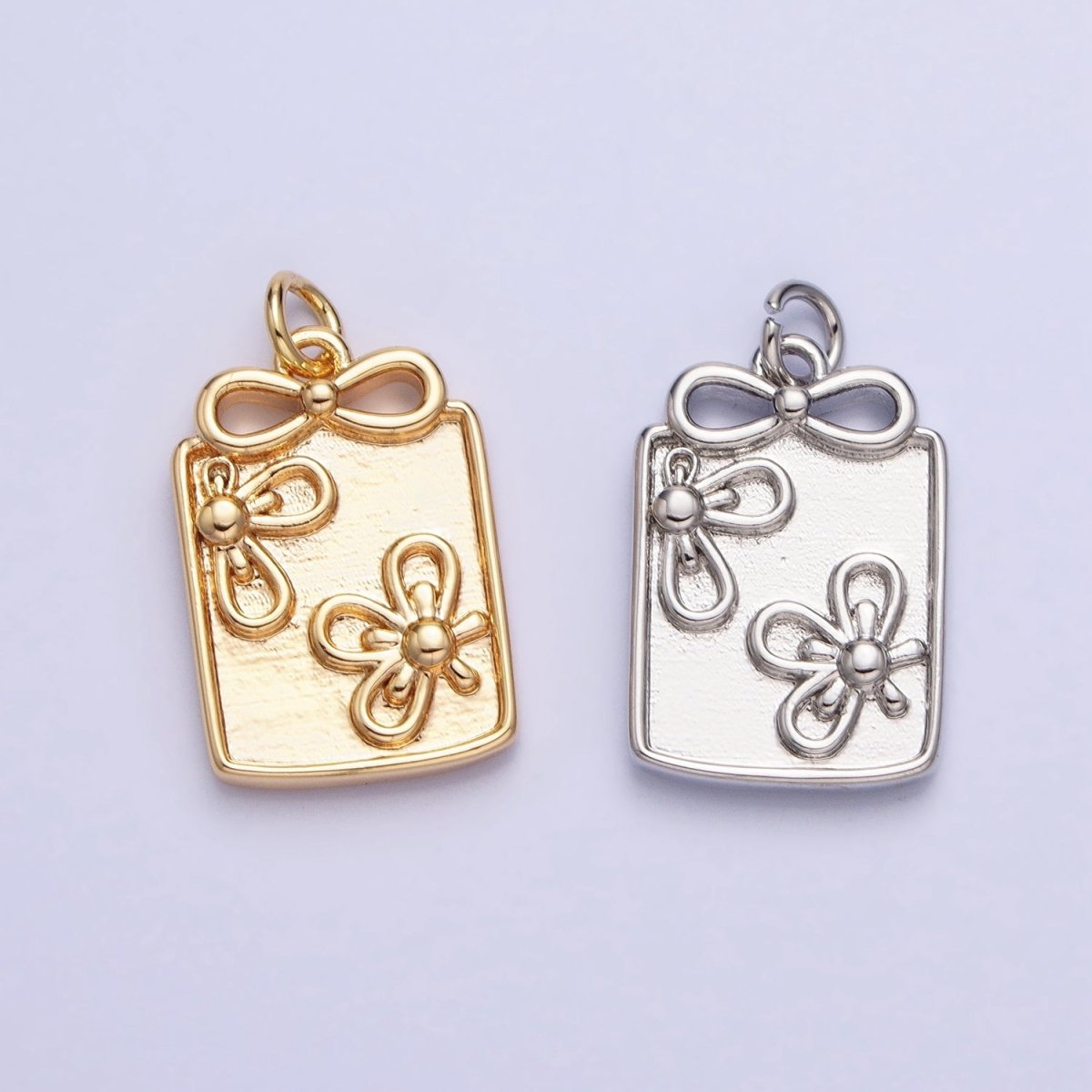 Gold, Silver Nature Flower Ribbon Bow Rectangular Tag Charm | AC387 AC388 - DLUXCA