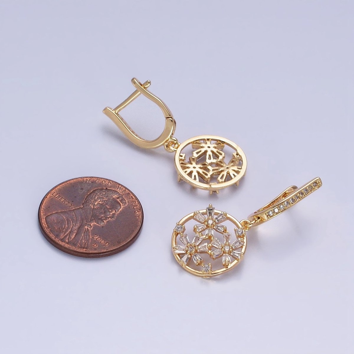 Gold, Silver Open Flowers Baguette Micro Paved CZ English Lock Earrings | AD808 AD809 - DLUXCA