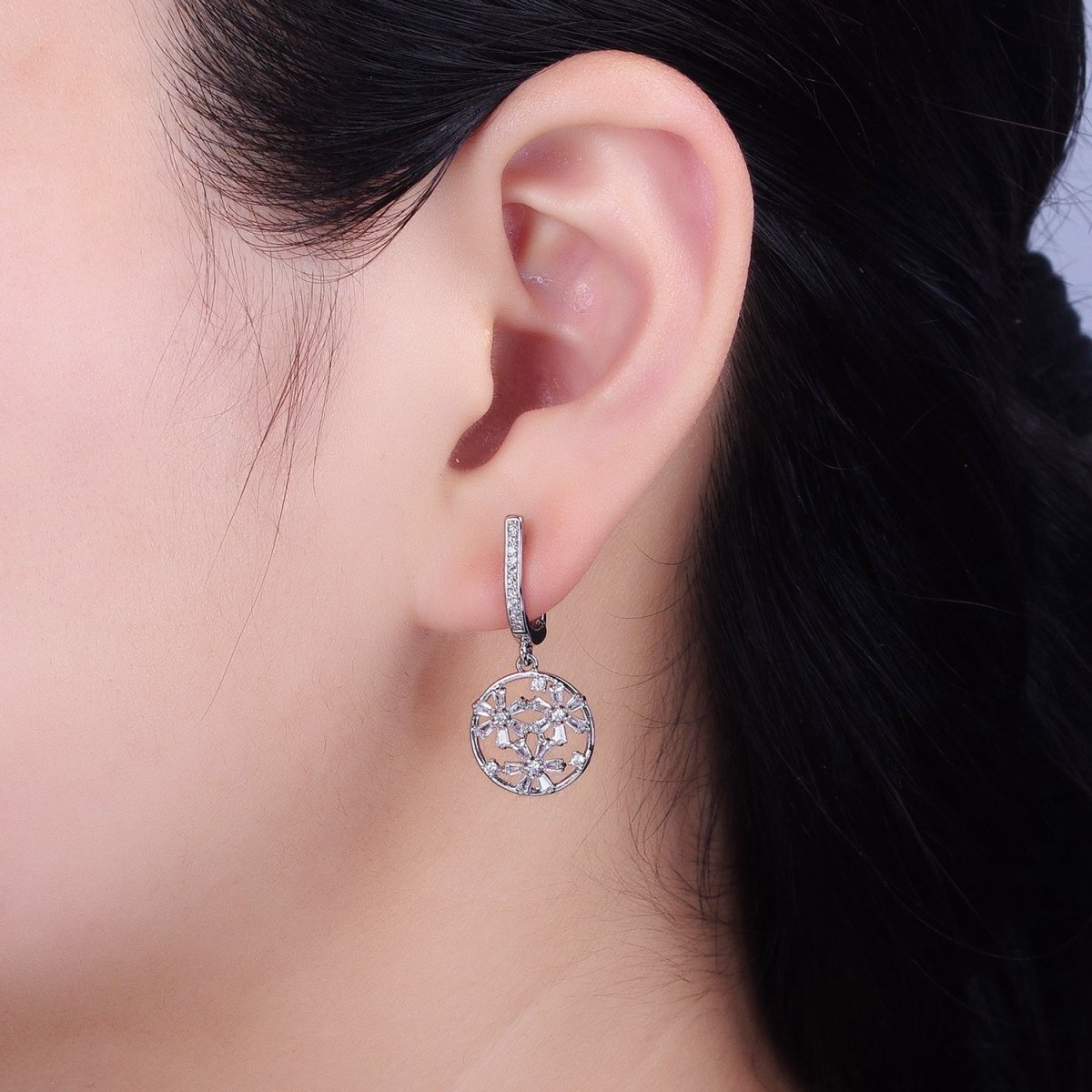 Gold, Silver Open Flowers Baguette Micro Paved CZ English Lock Earrings | AD808 AD809 - DLUXCA