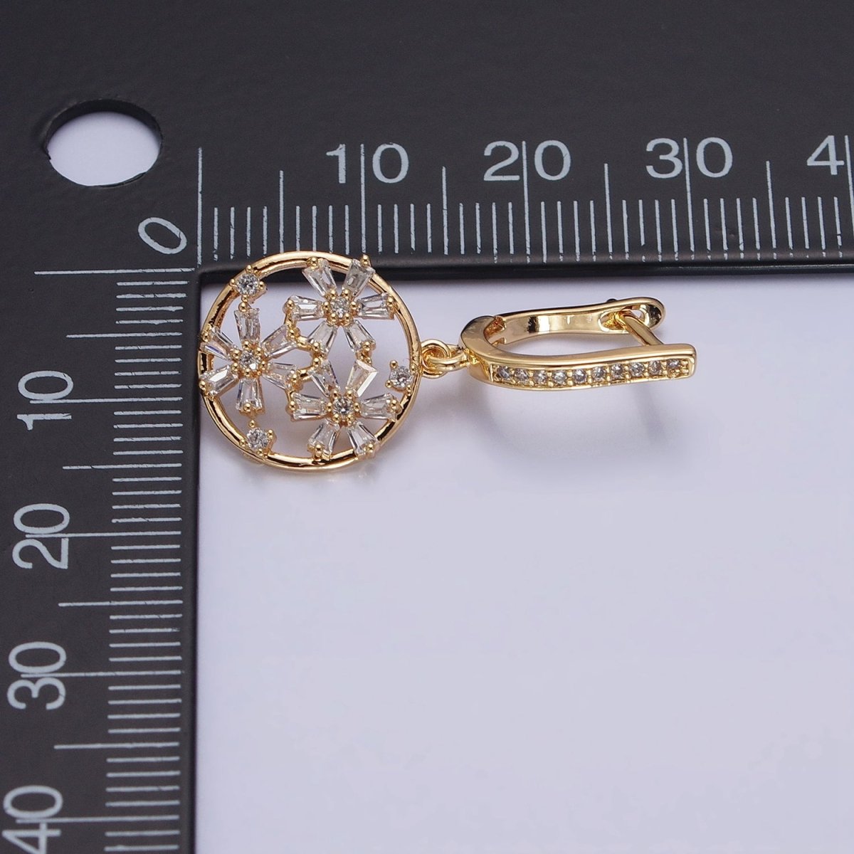 Gold, Silver Open Flowers Baguette Micro Paved CZ English Lock Earrings | AD808 AD809 - DLUXCA