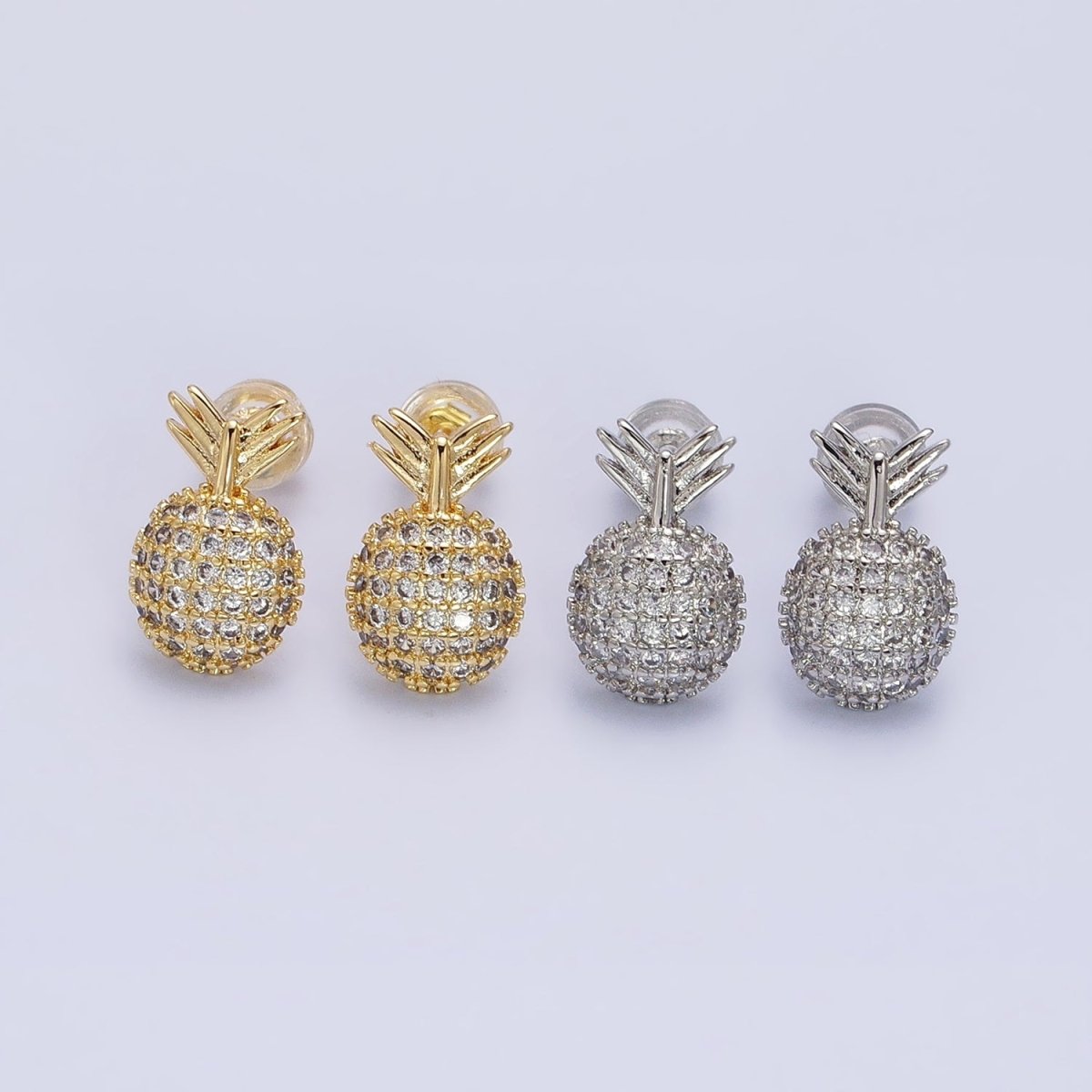 Gold, Silver Pineapple Tropical Fruit Micro Paved CZ Stud Earrings | AB629 AB630 - DLUXCA