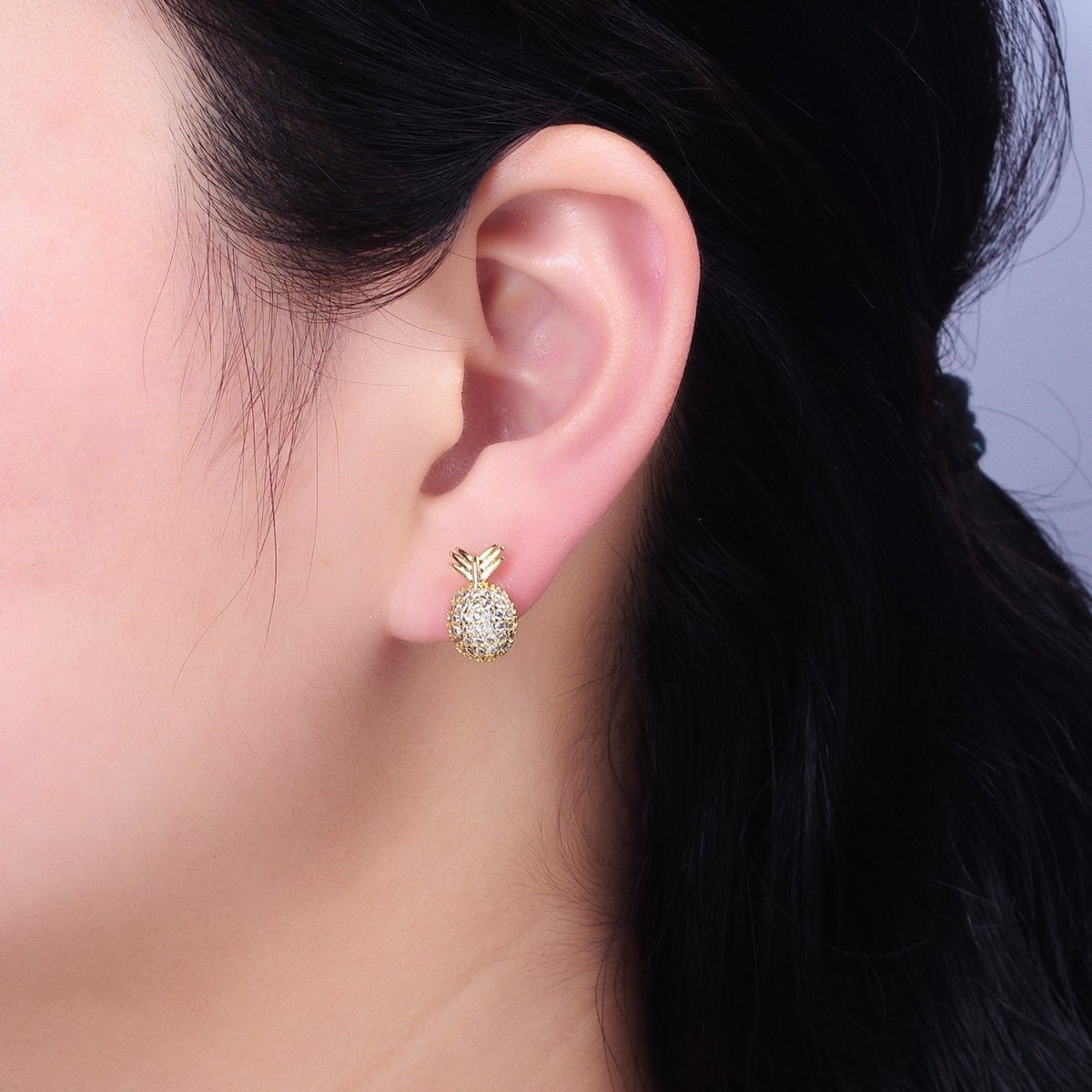 Gold, Silver Pineapple Tropical Fruit Micro Paved CZ Stud Earrings | AB629 AB630 - DLUXCA