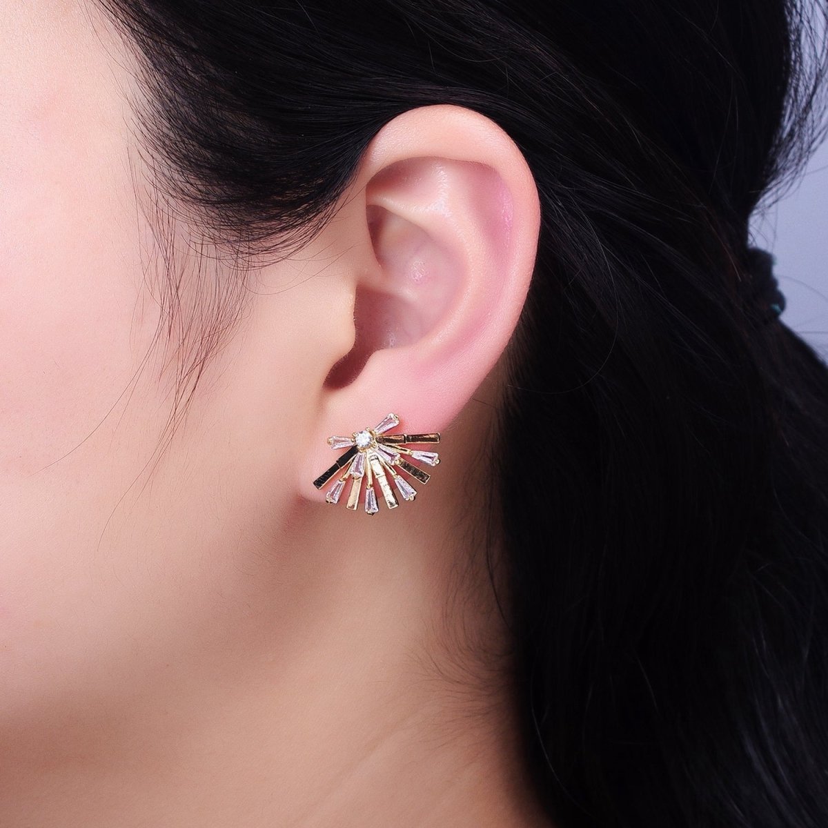 Gold, Silver Rectangular Clear CZ Baguette Geometric Fan Stud Earrings | AB635 AB636 - DLUXCA