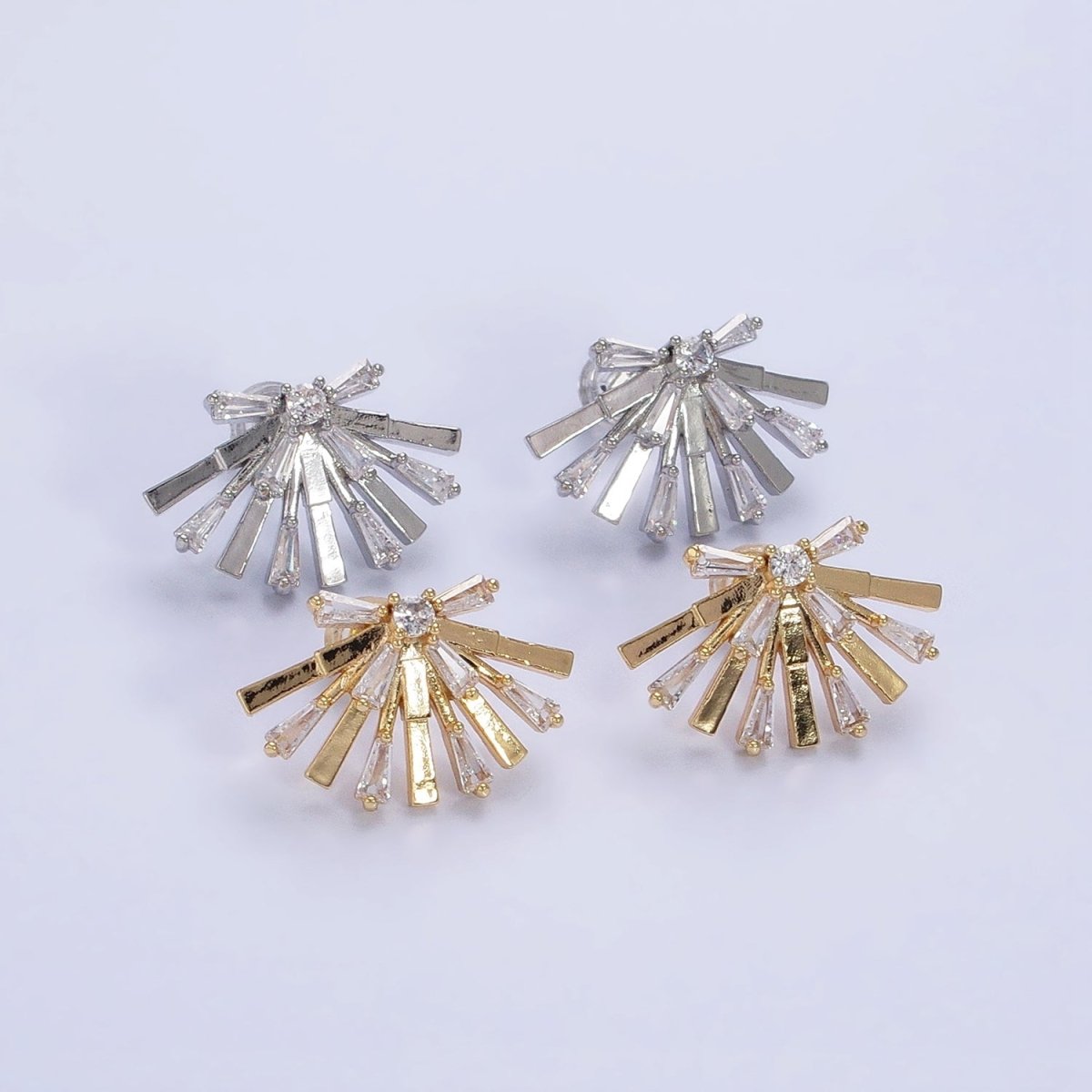 Gold, Silver Rectangular Clear CZ Baguette Geometric Fan Stud Earrings | AB635 AB636 - DLUXCA