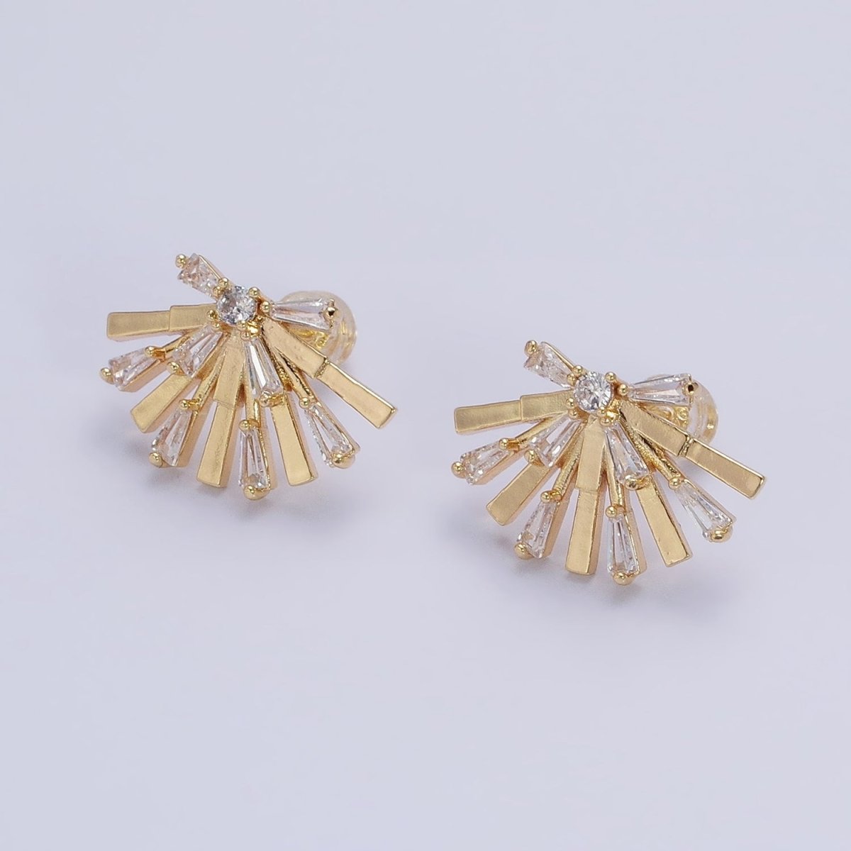 Gold, Silver Rectangular Clear CZ Baguette Geometric Fan Stud Earrings | AB635 AB636 - DLUXCA