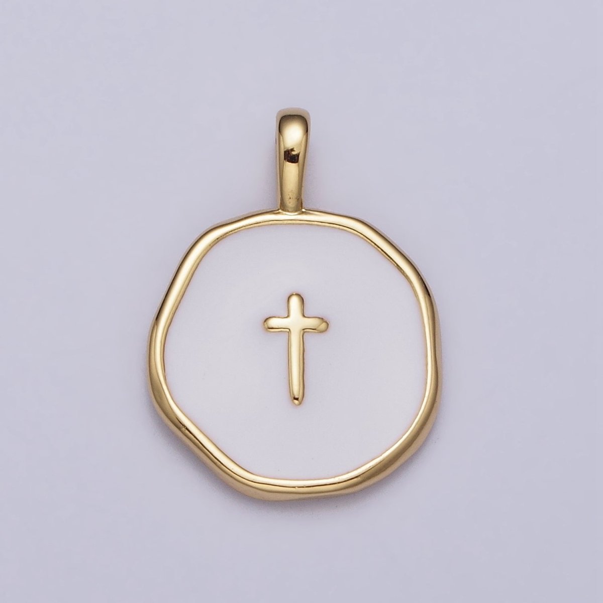 Gold, Silver Religious Latin Cross White Enamel Round Stamped Charm | AG-025 AC1139 - DLUXCA