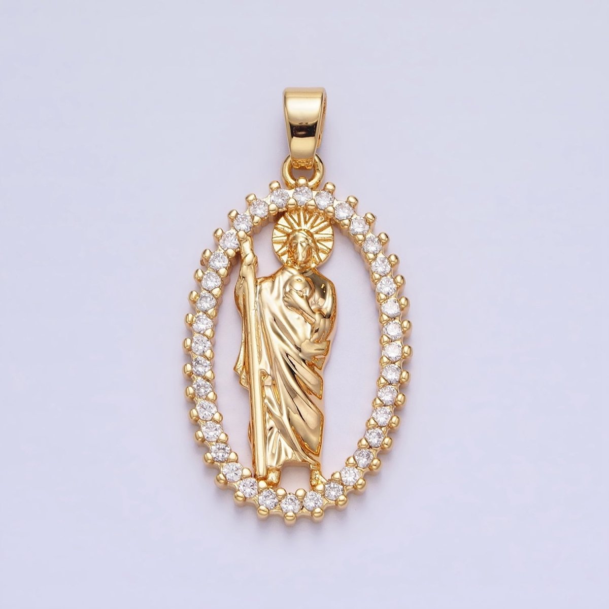 Gold, Silver Religious Saint St. Jude Thaddaeus Open Micro Paved CZ Oval Pendant | AA401 AA402 - DLUXCA