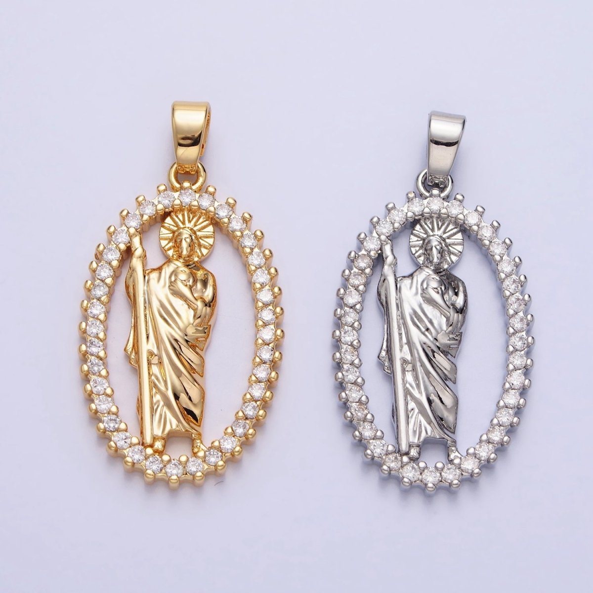 Gold, Silver Religious Saint St. Jude Thaddaeus Open Micro Paved CZ Oval Pendant | AA401 AA402 - DLUXCA