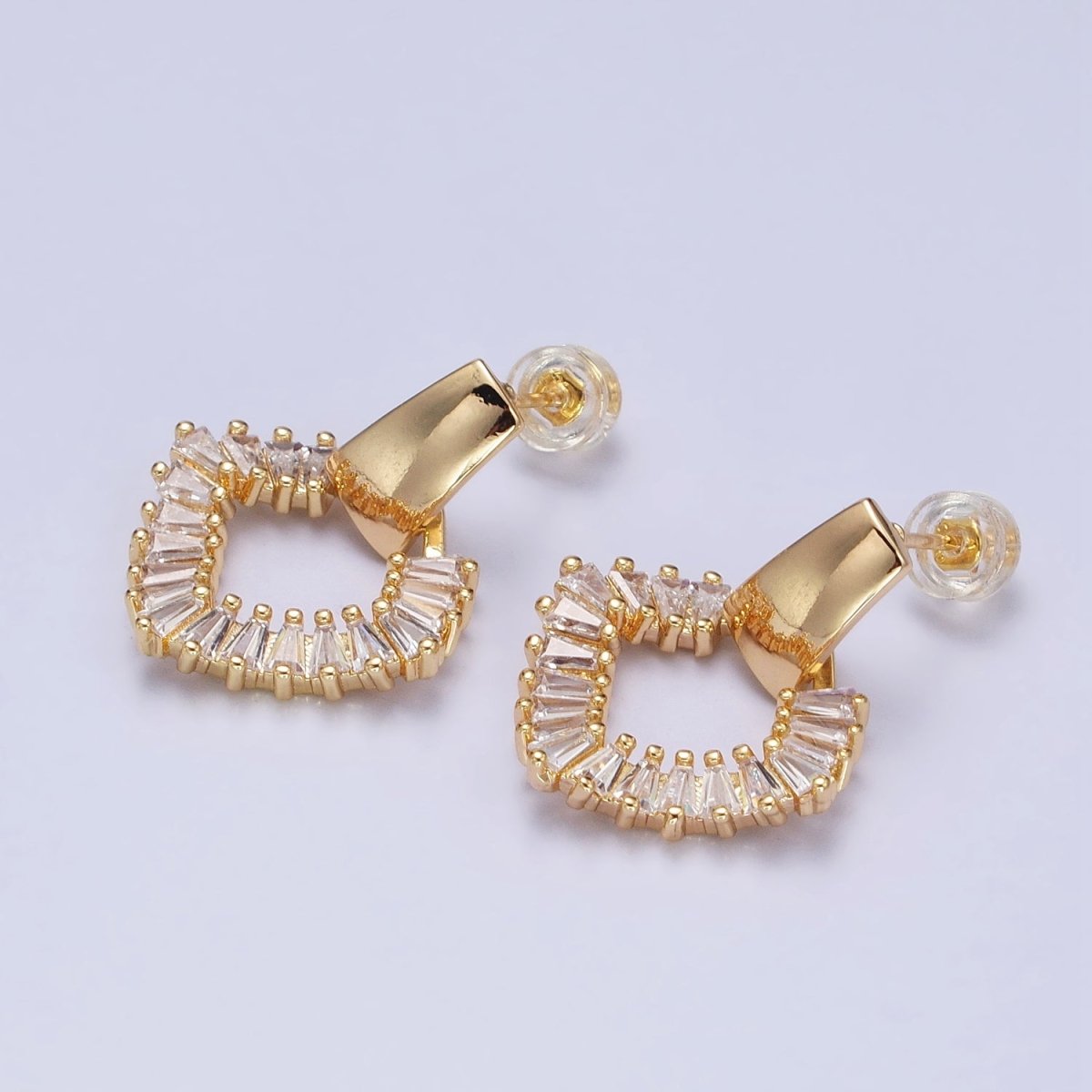 Gold, Silver Rhombus Clear Baguette Dangle Drop Wide Rectangular Geometric Stud Earrings | V-382 AB-492 - DLUXCA