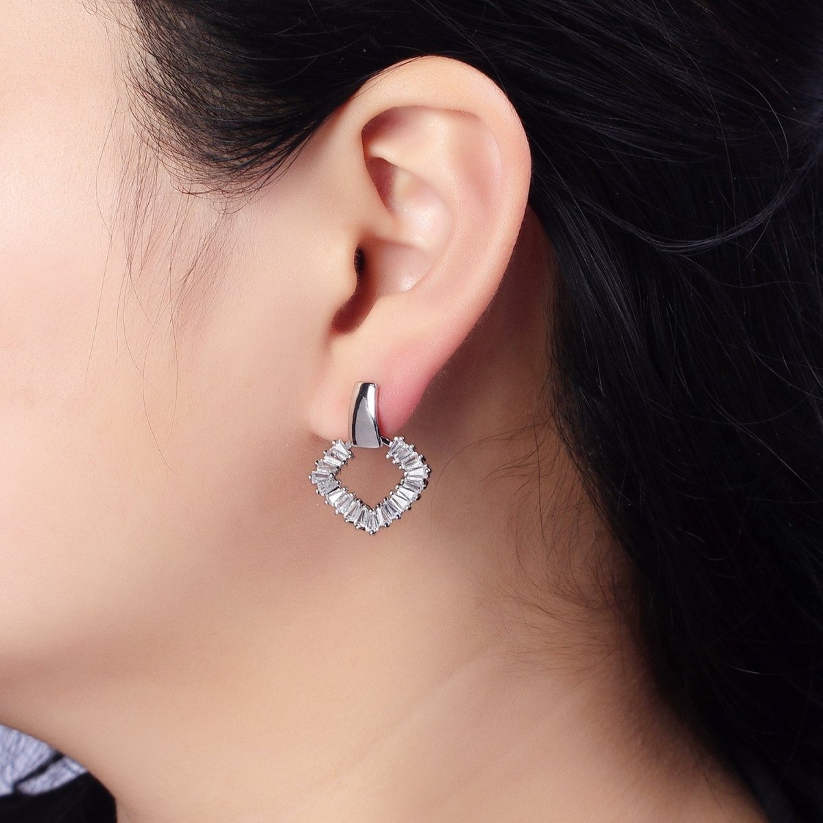 Gold, Silver Rhombus Clear Baguette Dangle Drop Wide Rectangular Geometric Stud Earrings | V-382 AB-492 - DLUXCA