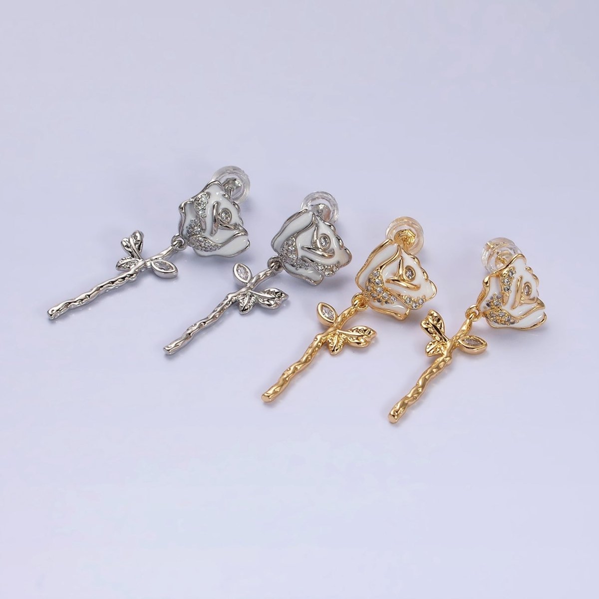 Gold, Silver Rose Flower White Enamel Micro Paved CZ Marquise Leaf Linear Stud Earrings | AD958 AD958 - DLUXCA