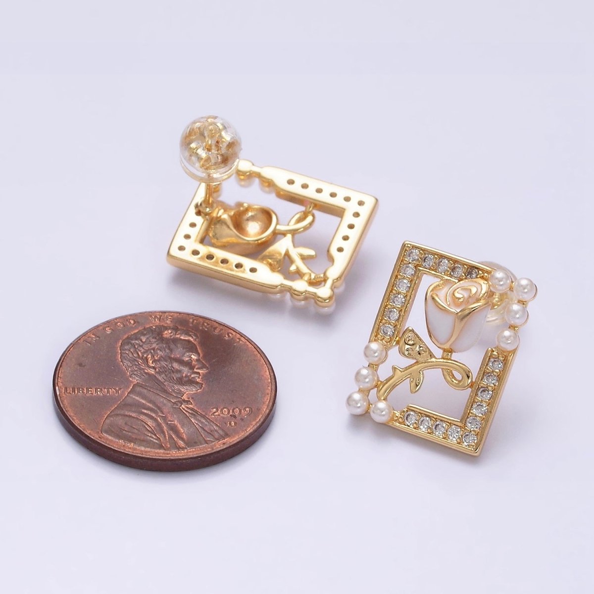 Gold, Silver Rose Flower White Enamel Pearl Micro Paved Open Rectangular Stud Earrings | AD970 AD971 - DLUXCA