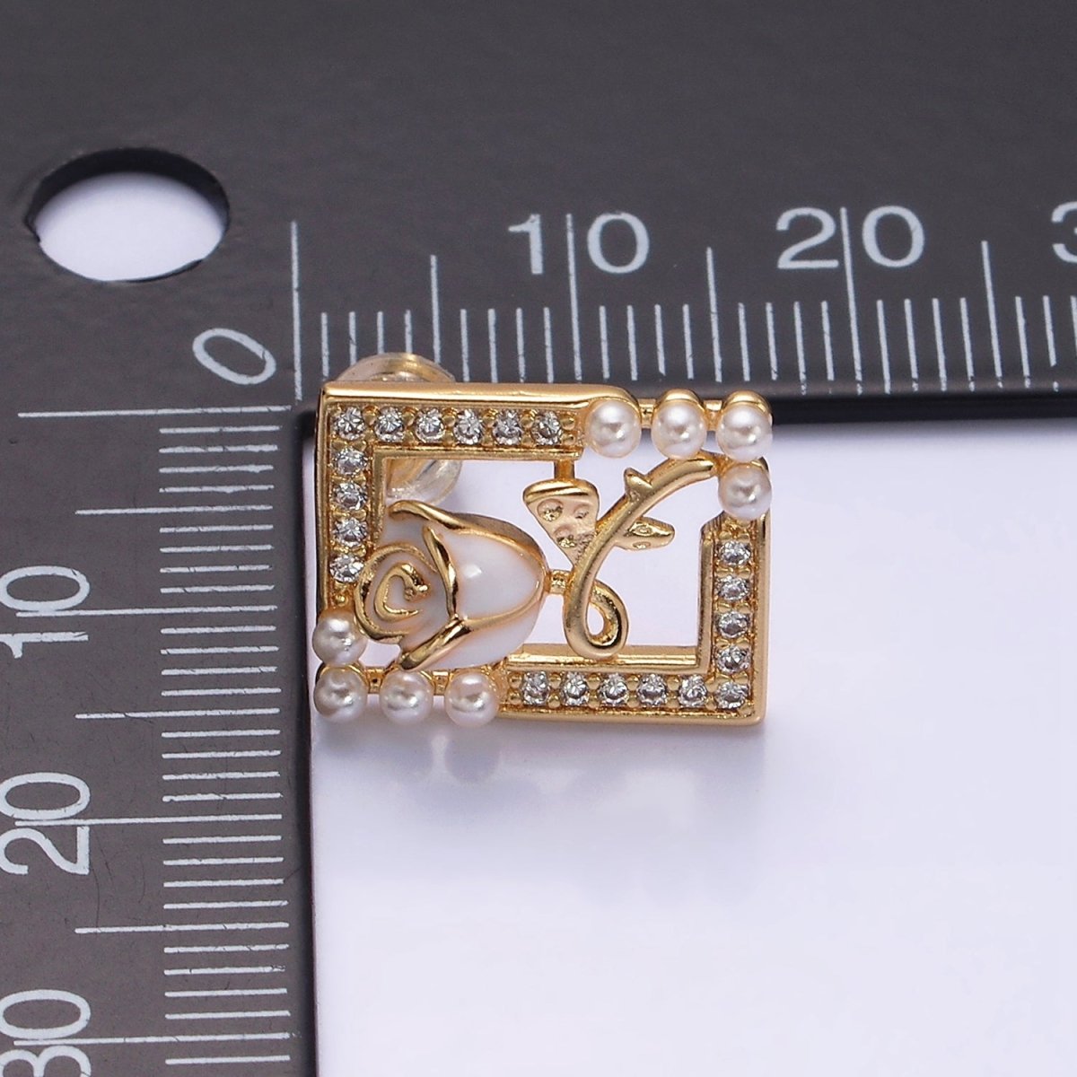 Gold, Silver Rose Flower White Enamel Pearl Micro Paved Open Rectangular Stud Earrings | AD970 AD971 - DLUXCA