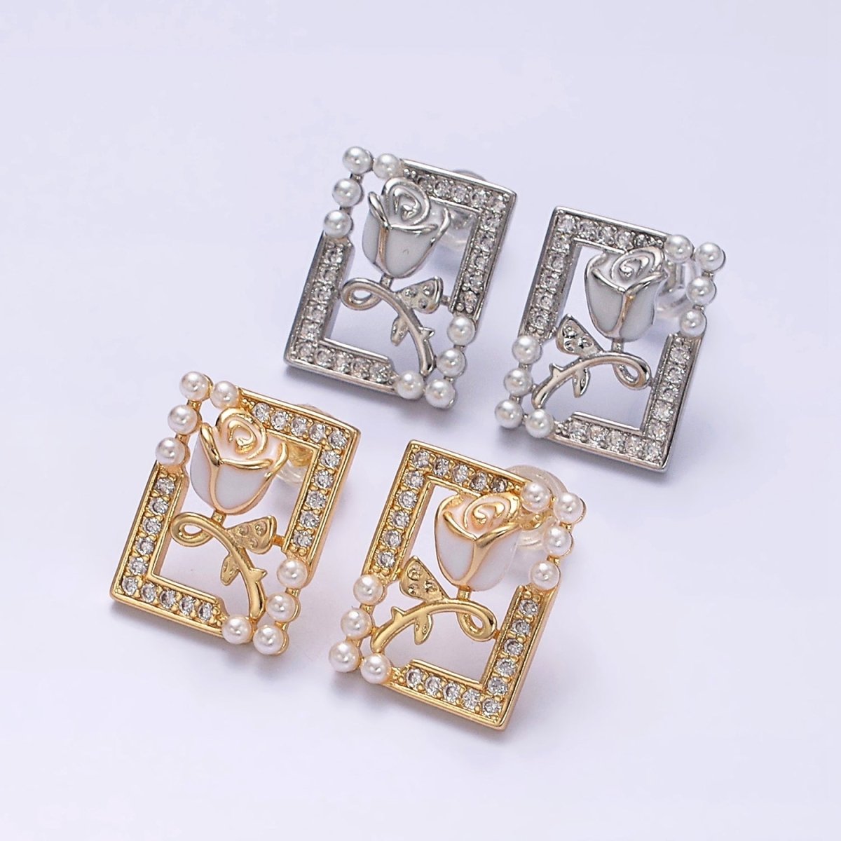 Gold, Silver Rose Flower White Enamel Pearl Micro Paved Open Rectangular Stud Earrings | AD970 AD971 - DLUXCA