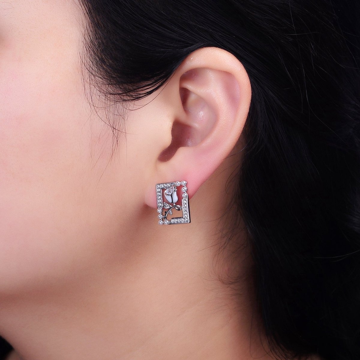 Gold, Silver Rose Flower White Enamel Pearl Micro Paved Open Rectangular Stud Earrings | AD970 AD971 - DLUXCA