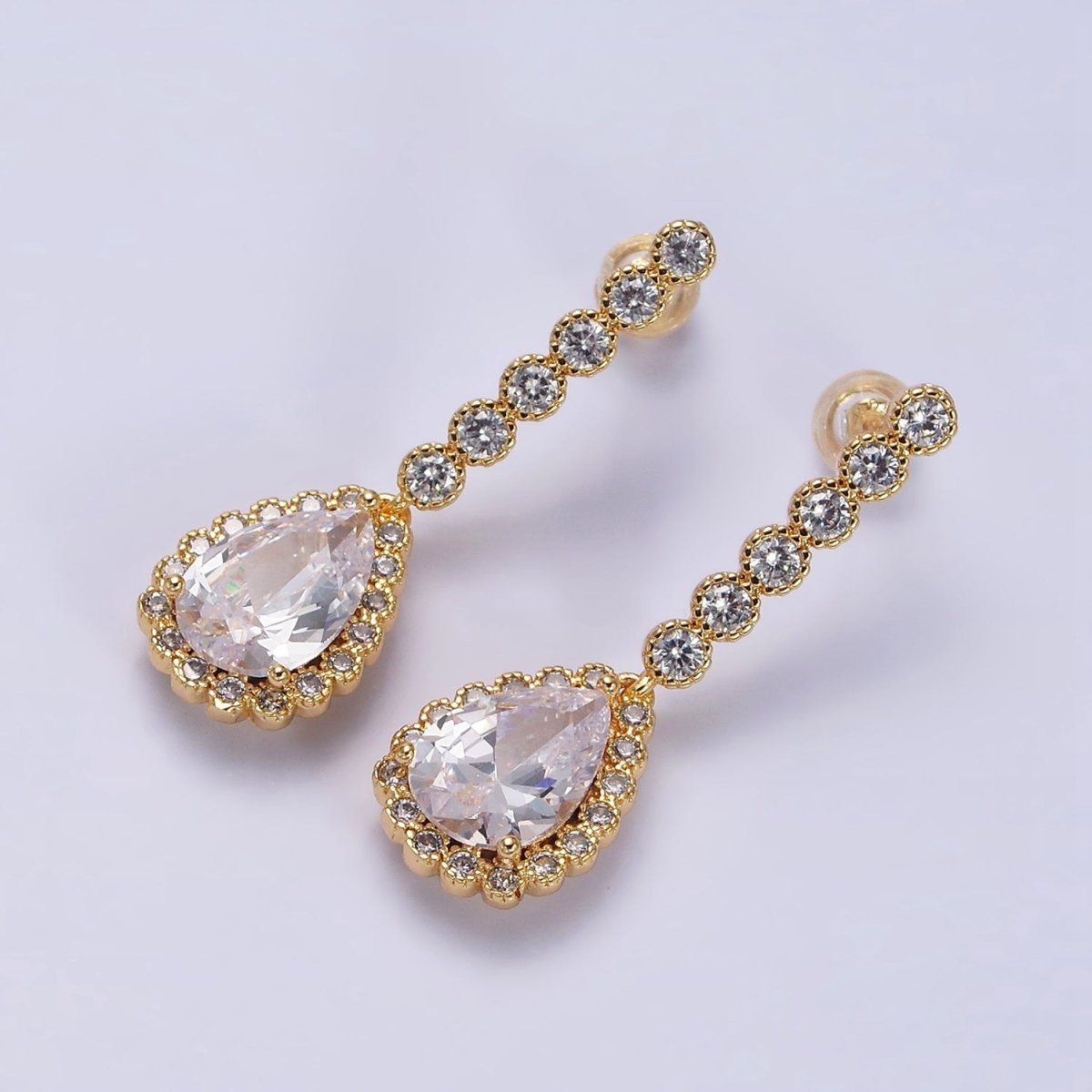 Gold, Silver Rounded Clear Teardrop CZ Linear Drop Stud Earrings | AD960 AD961 - DLUXCA