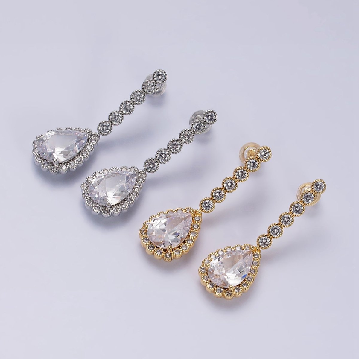 Gold, Silver Rounded Clear Teardrop CZ Linear Drop Stud Earrings | AD960 AD961 - DLUXCA