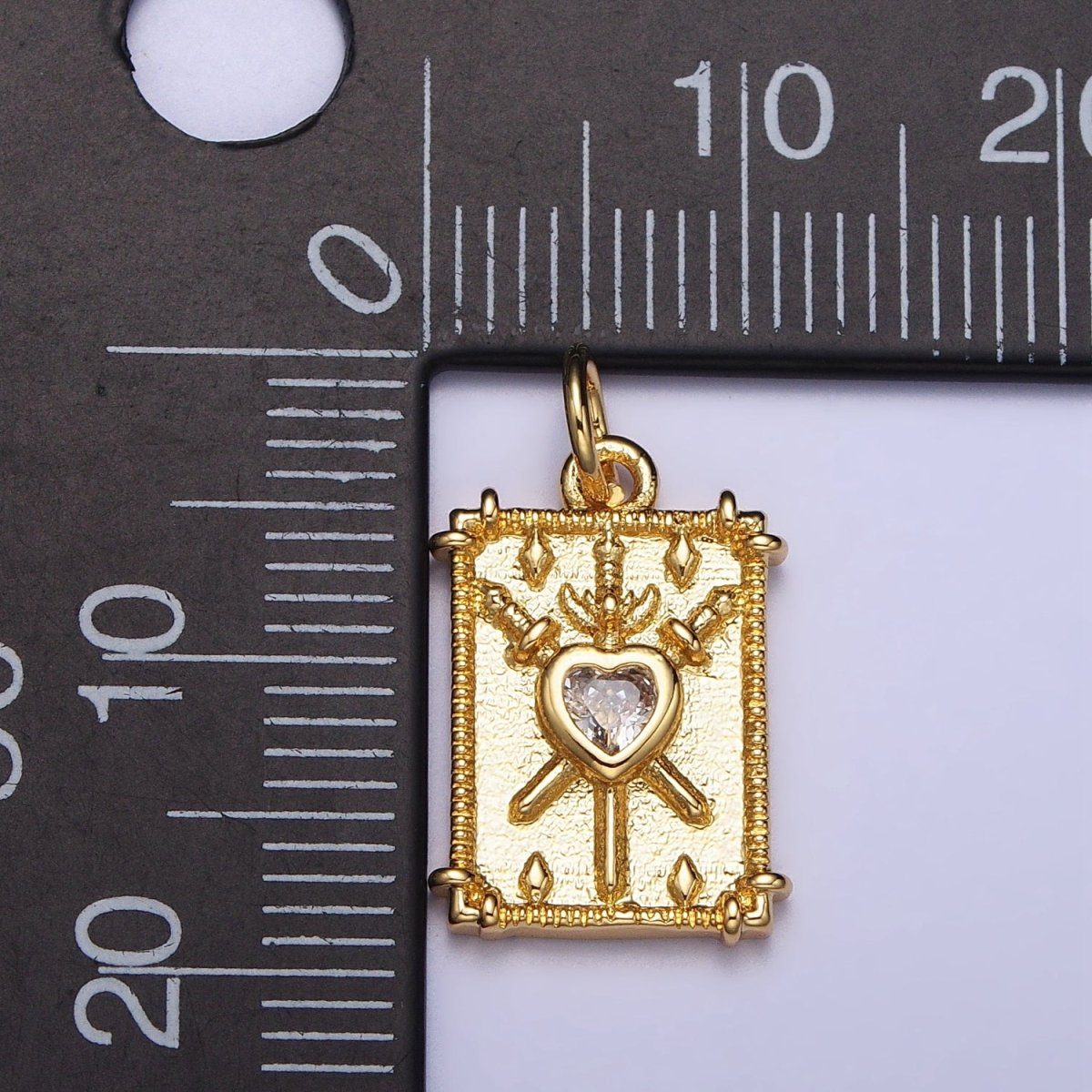 Gold, Silver Tarot "Three of Swords" Clear CZ Heart Rectangular Charm | AC997 AC998 - DLUXCA
