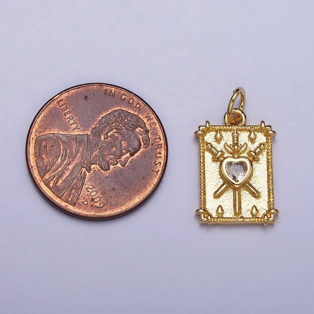 Gold, Silver Tarot "Three of Swords" Clear CZ Heart Rectangular Charm | AC997 AC998 - DLUXCA