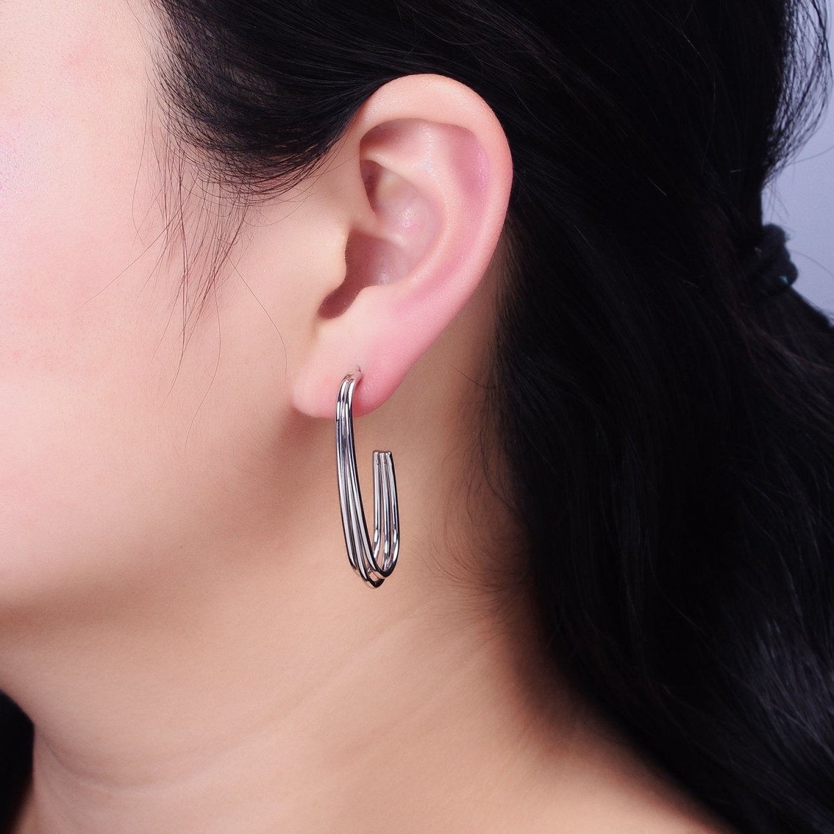 Gold, Silver Triple Band 40mm J-Shaped Geometric Hoop Earrings | AB627 AB628 - DLUXCA