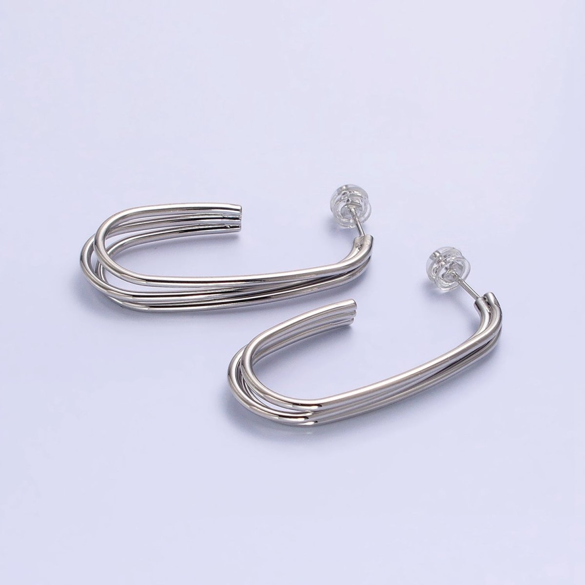 Gold, Silver Triple Band 40mm J-Shaped Geometric Hoop Earrings | AB627 AB628 - DLUXCA