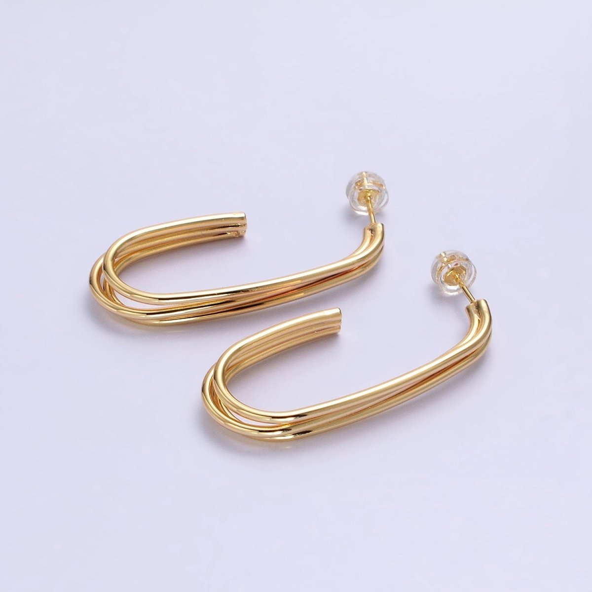 Gold, Silver Triple Band 40mm J-Shaped Geometric Hoop Earrings | AB627 AB628 - DLUXCA