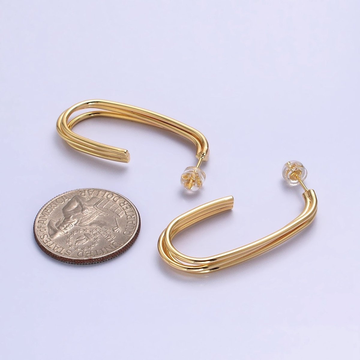 Gold, Silver Triple Band 40mm J-Shaped Geometric Hoop Earrings | AB627 AB628 - DLUXCA