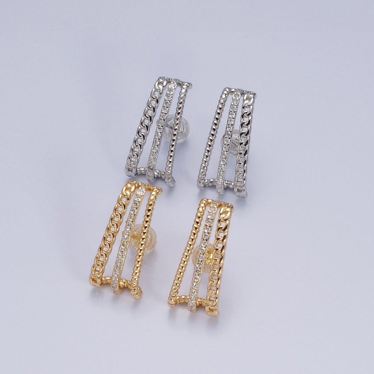 Gold, Silver Triple Bar Curb Micro Paved Twist 20mm Stud Earrings Set | AD937 AD938 - DLUXCA