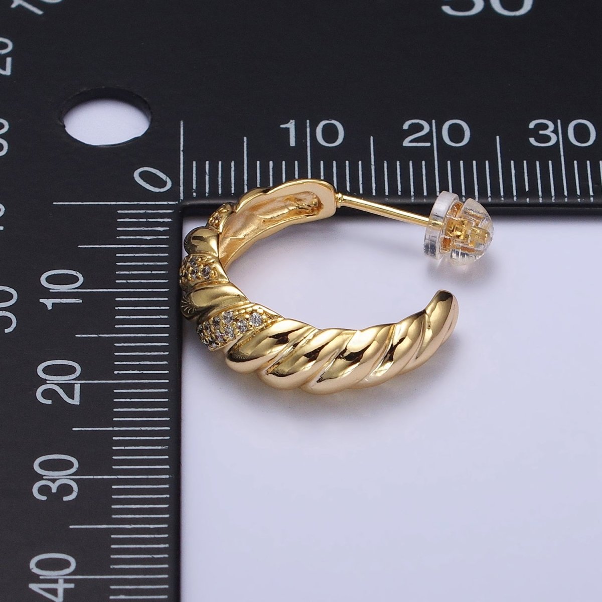 Gold, Silver Triple Micro Paved CZ Croissant C-Shaped Hoop Earrings | AB482 AB731 - DLUXCA