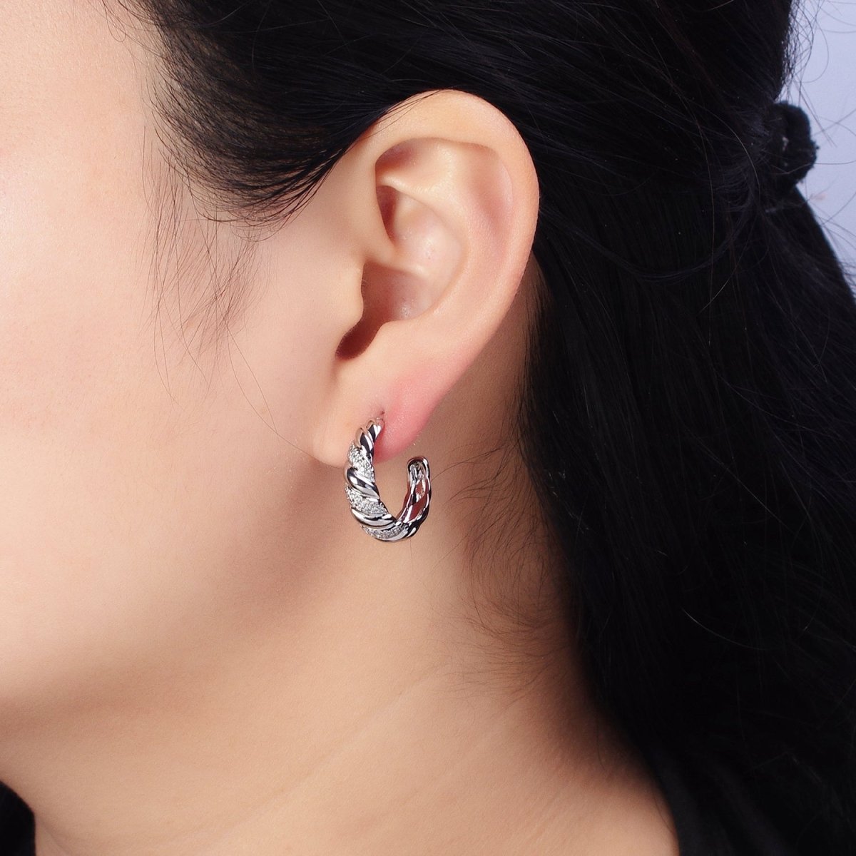 Gold, Silver Triple Micro Paved CZ Croissant C-Shaped Hoop Earrings | AB482 AB731 - DLUXCA