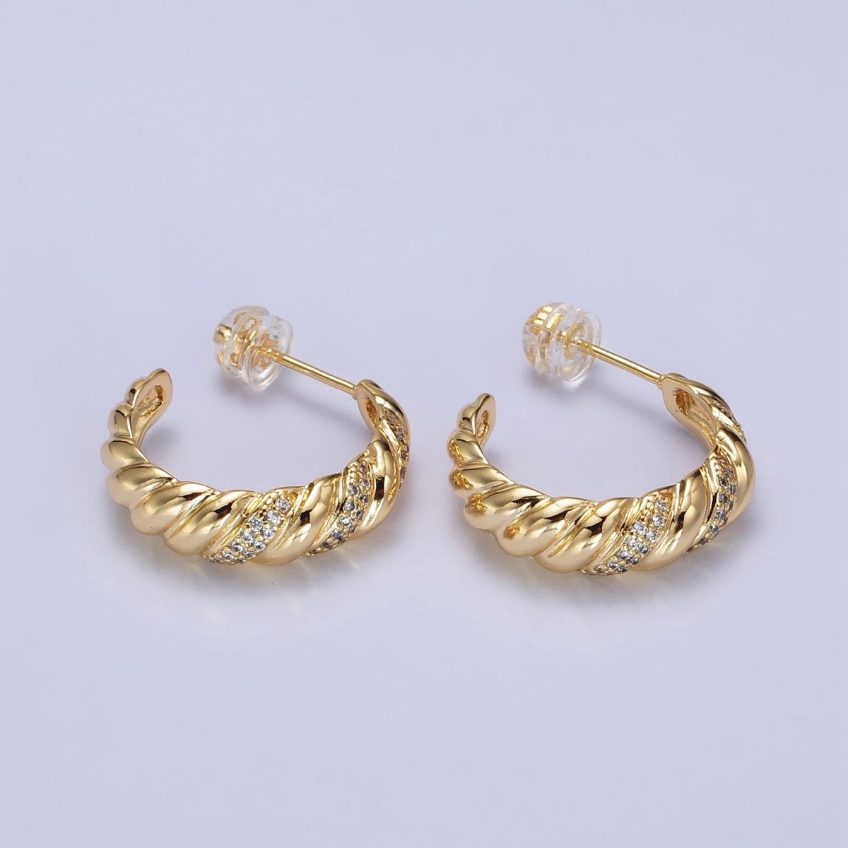 Gold, Silver Triple Micro Paved CZ Croissant C-Shaped Hoop Earrings | AB482 AB731 - DLUXCA