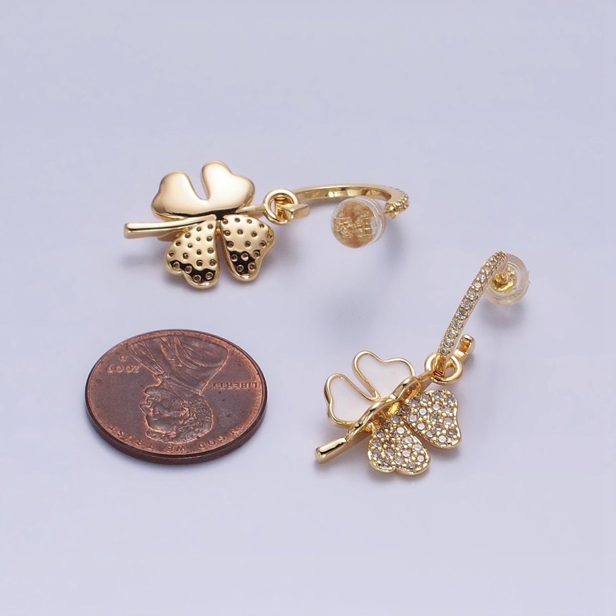 Gold, Silver White Enamel Micro Paved CZ Clover Drop J-Shaped Hoop Stud Earrings | AD785 AD797 - DLUXCA