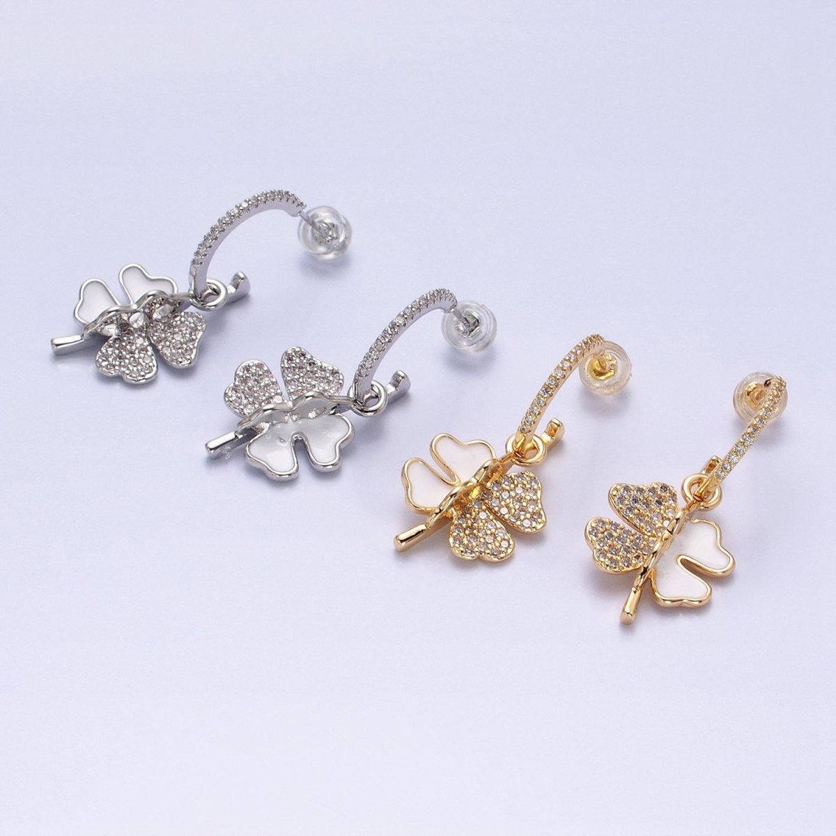 Gold, Silver White Enamel Micro Paved CZ Clover Drop J-Shaped Hoop Stud Earrings | AD785 AD797 - DLUXCA