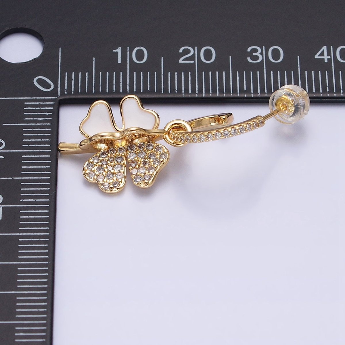 Gold, Silver White Enamel Micro Paved CZ Clover Drop J-Shaped Hoop Stud Earrings | AD785 AD797 - DLUXCA