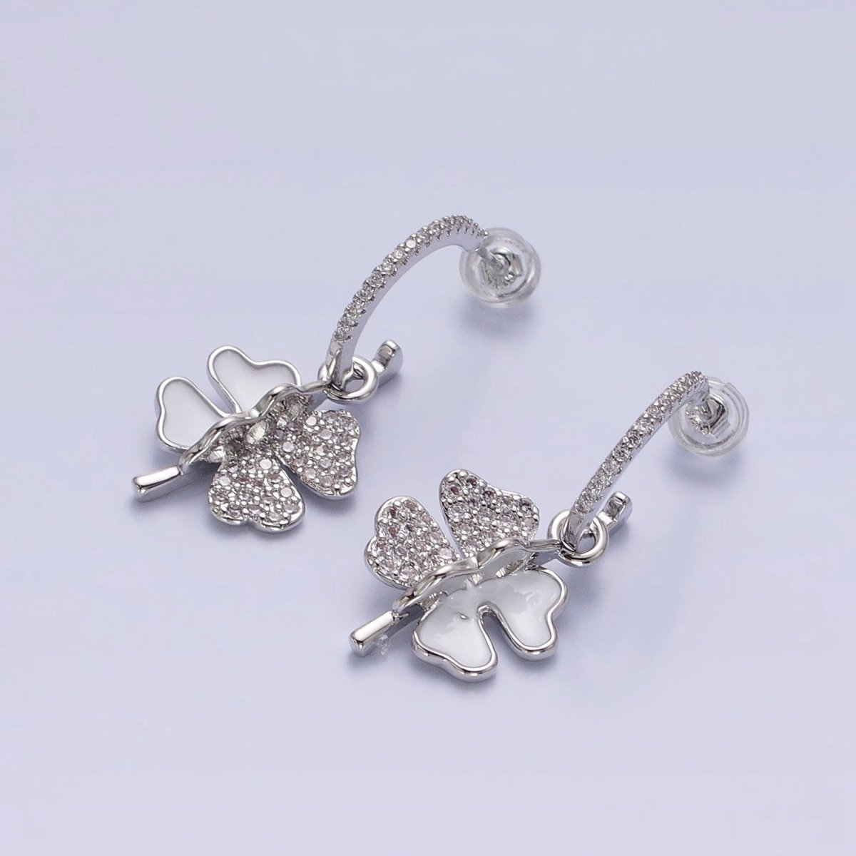 Gold, Silver White Enamel Micro Paved CZ Clover Drop J-Shaped Hoop Stud Earrings | AD785 AD797 - DLUXCA