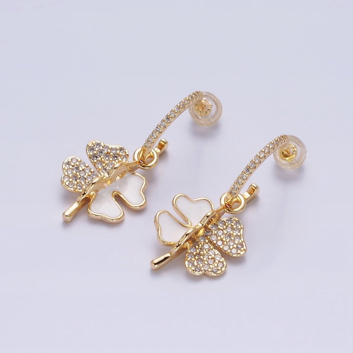 Gold, Silver White Enamel Micro Paved CZ Clover Drop J-Shaped Hoop Stud Earrings | AD785 AD797 - DLUXCA