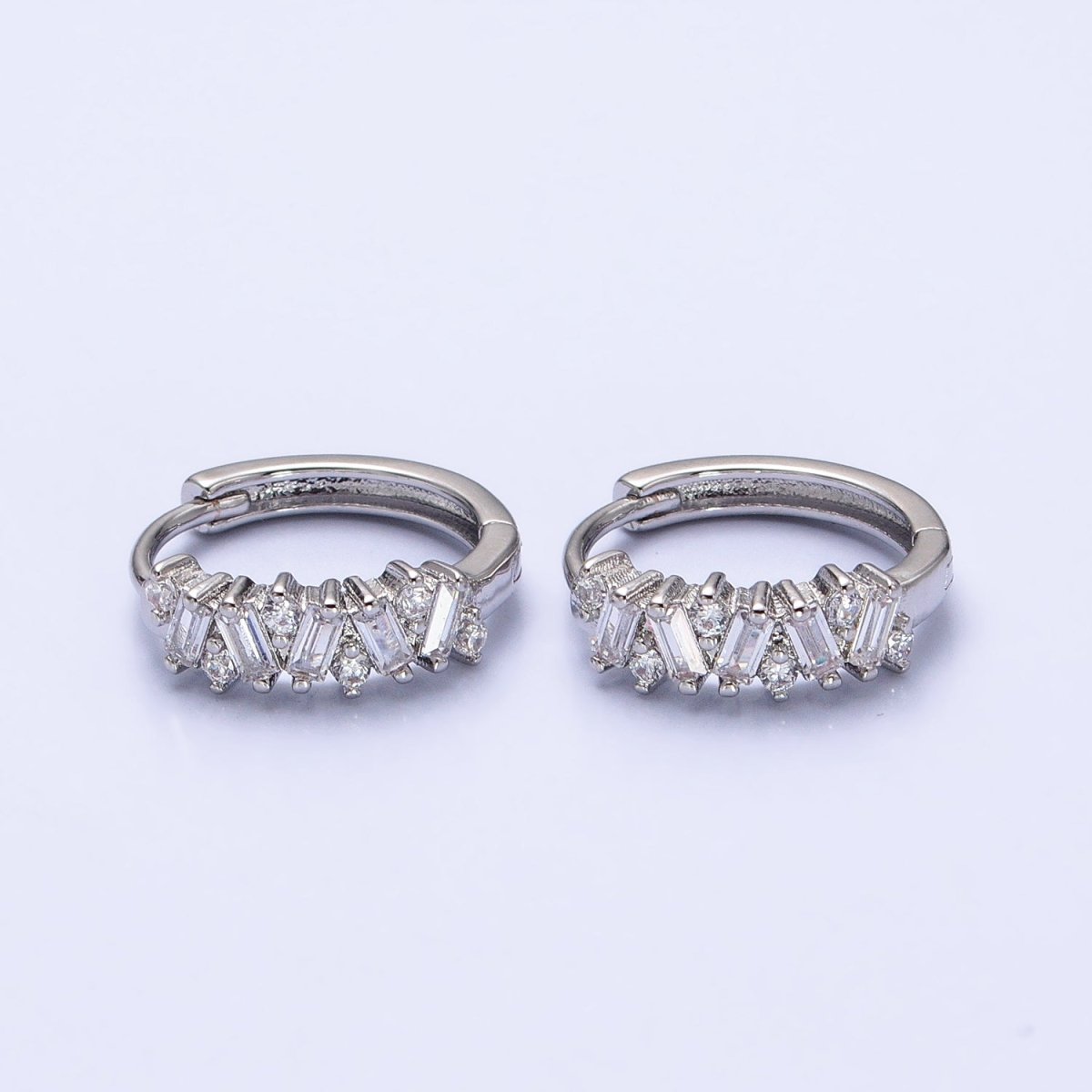Gold, Silver Zig-Zag Clear Baguette CZ 15mm Huggie Hoop Earrings | AB522 AB527 - DLUXCA