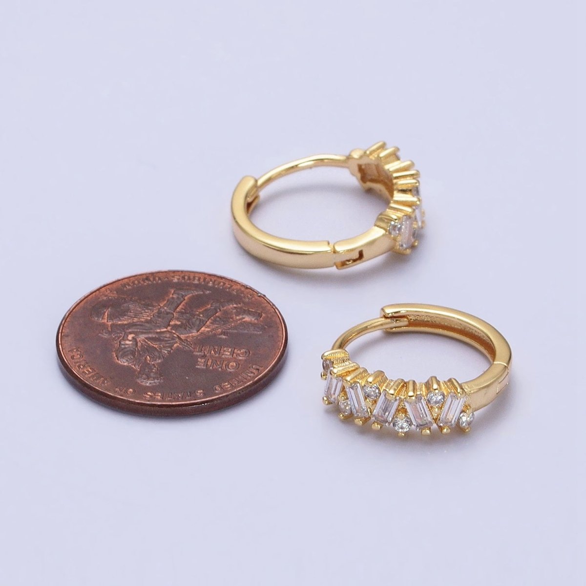 Gold, Silver Zig-Zag Clear Baguette CZ 15mm Huggie Hoop Earrings | AB522 AB527 - DLUXCA