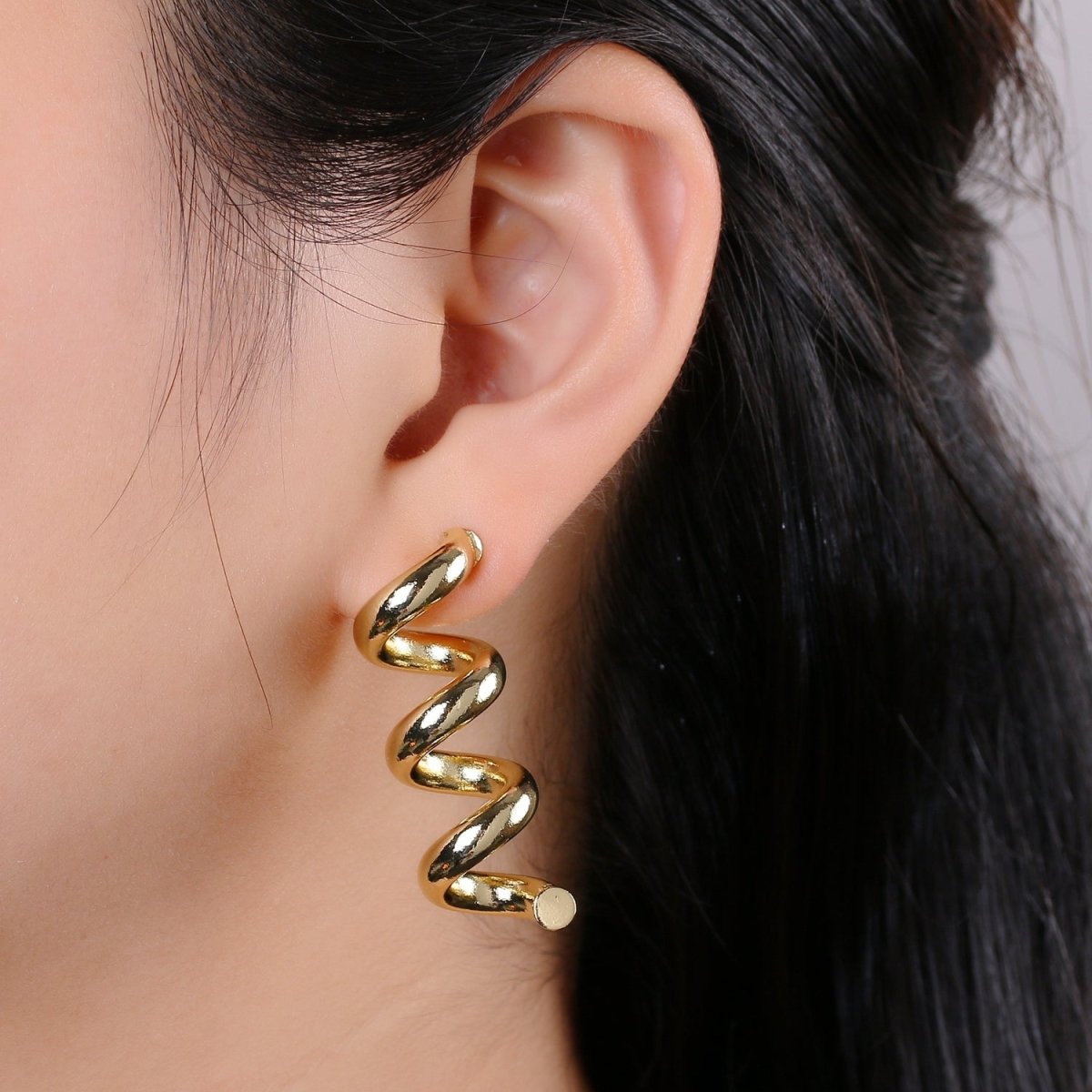 Gold Spiral Earrings, Gold Stud Earrings, Gold Corkscrew Earrings, Gold Chunky Earrings Bold Statement Jewelry Q-340 - DLUXCA