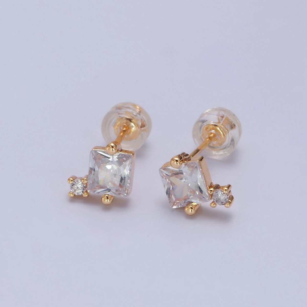 Gold Square Stud Earrings Princess Cut Cubic Zirconia Stones T-385 T-386 - DLUXCA