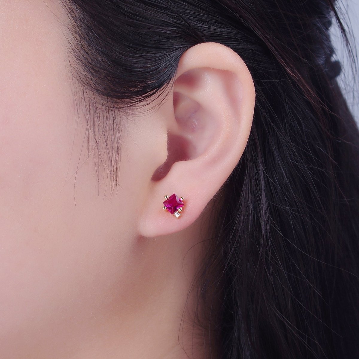 Gold Square Stud Earrings Princess Cut Cubic Zirconia Stones T-385 T-386 - DLUXCA