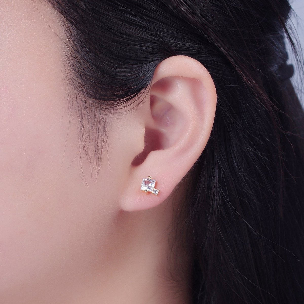 Gold Square Stud Earrings Princess Cut Cubic Zirconia Stones T-385 T-386 - DLUXCA