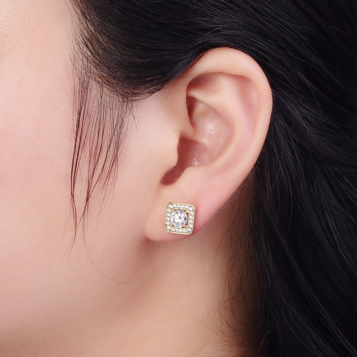 Gold Square Stud Earrings With CZ AE-1029 - DLUXCA