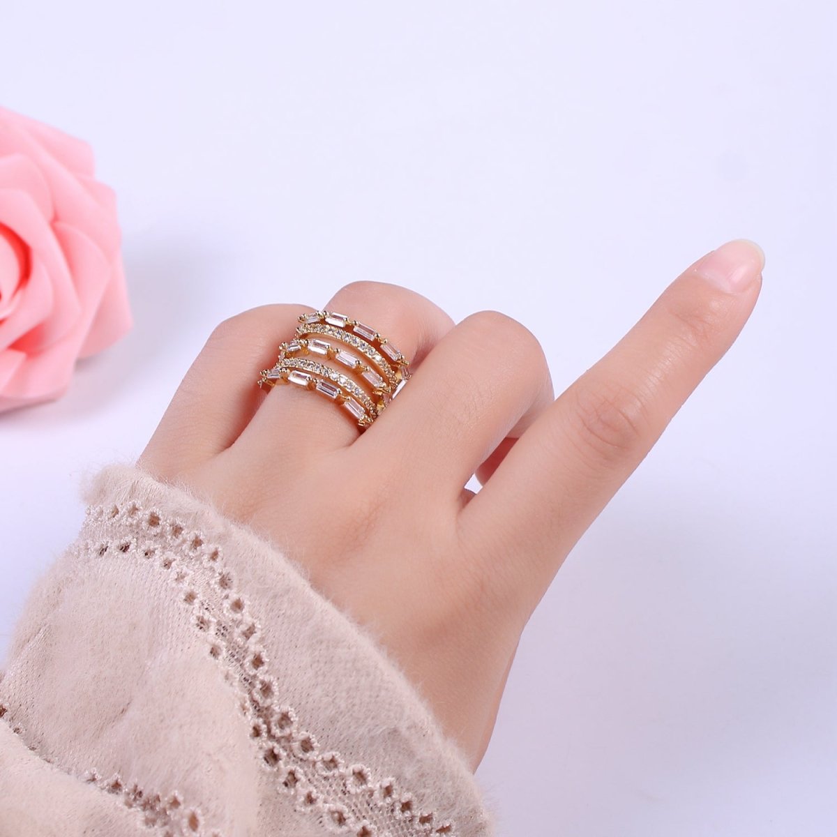 Gold Stackable Baguette Ring Clear CZ Ring Open Adjustable Jewelry U-078 - DLUXCA